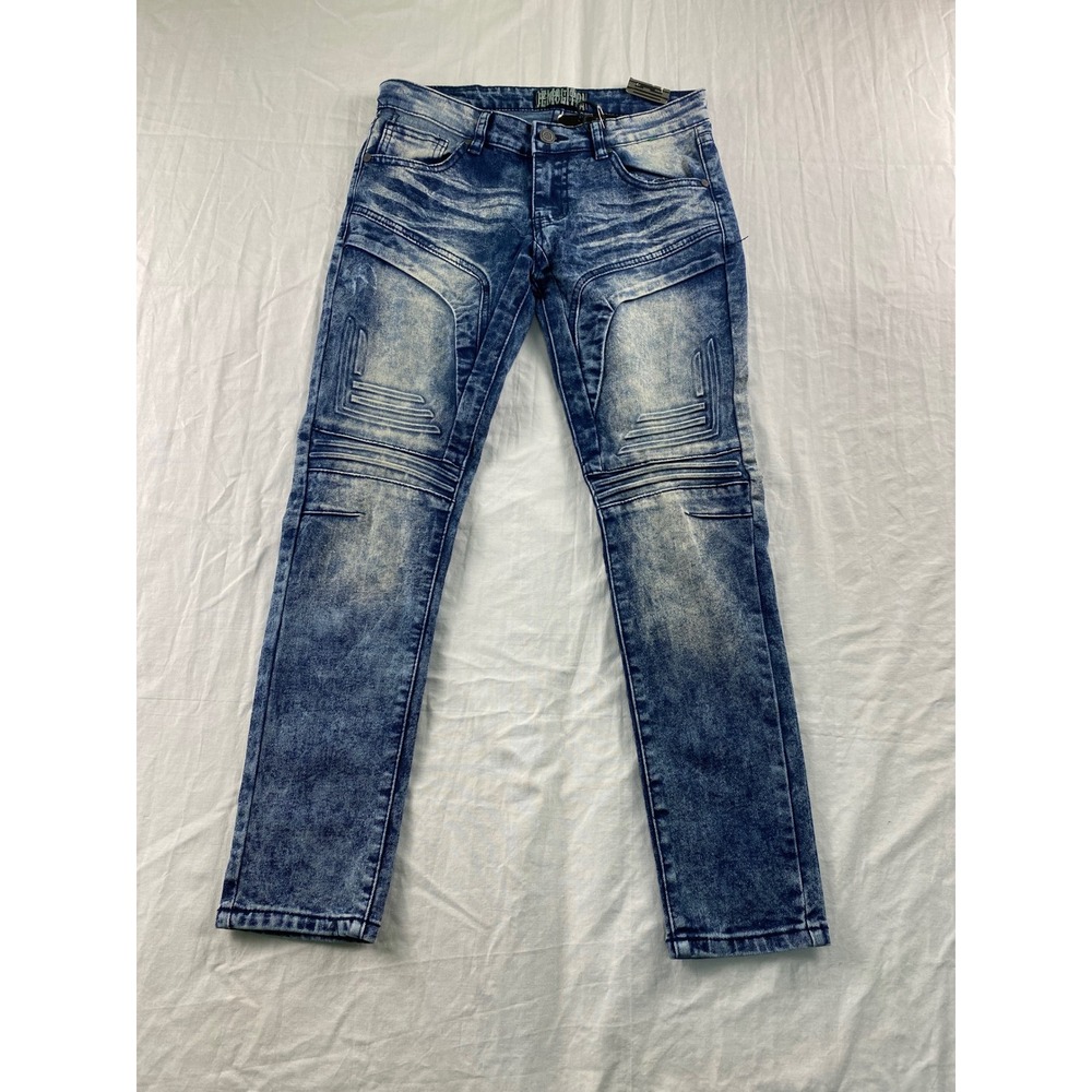 Demolition Boys Moto Jeans Size 10 Medium Blue Acid Wash Stretch DFH18332B NWT